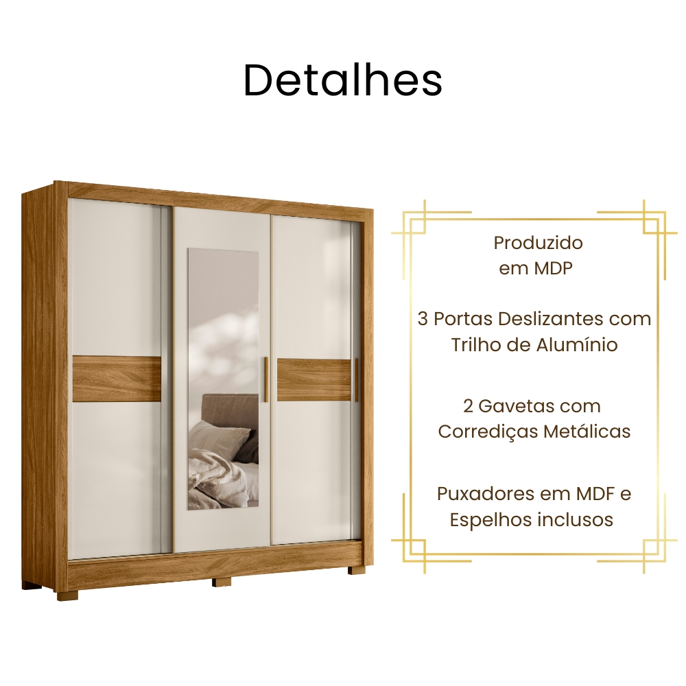 Guarda Roupa Casal Bahamas Espelho 3 Portas De Correr Freijó Off White Moval