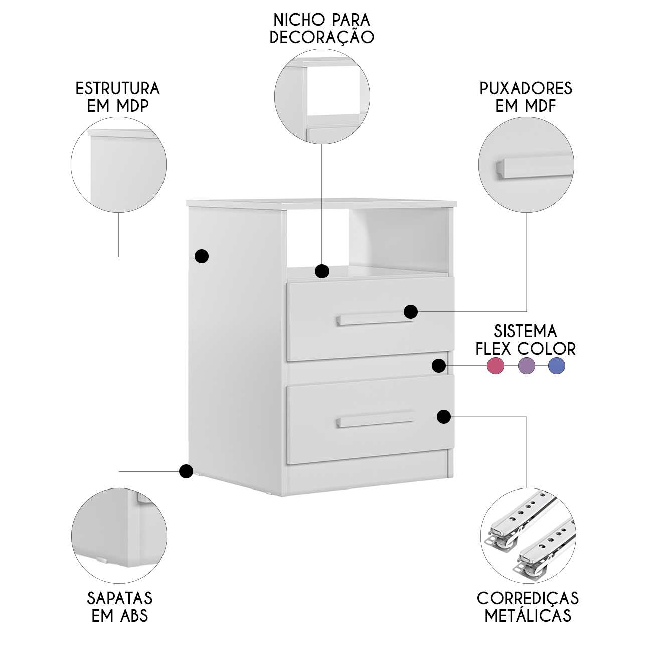 Mesa de Cabeceira Apolo Flex Branco com Rosa - Azul -  Lilás - Moval