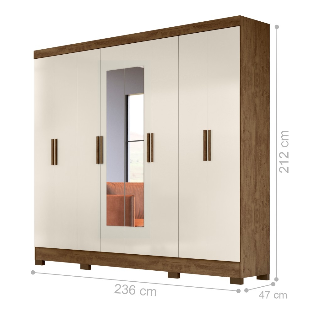 Roupeiro 8 Portas Gordon Castanho Wood Baunilha com Espelho