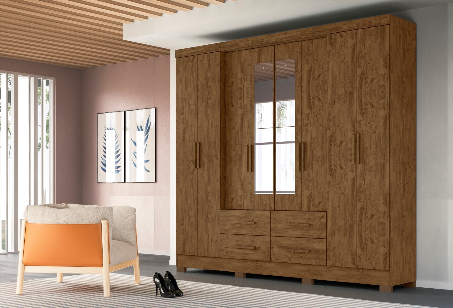 Roupeiro 8 Portas Timms Castanho Wood com Espelho
