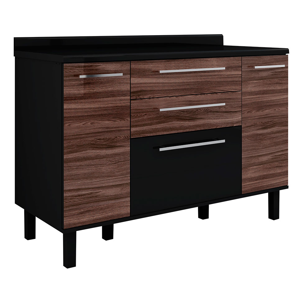 Balcão Cozinha Tamara 3 Portas 2 Gavetas Preto & Marrom Móveis Palmeira