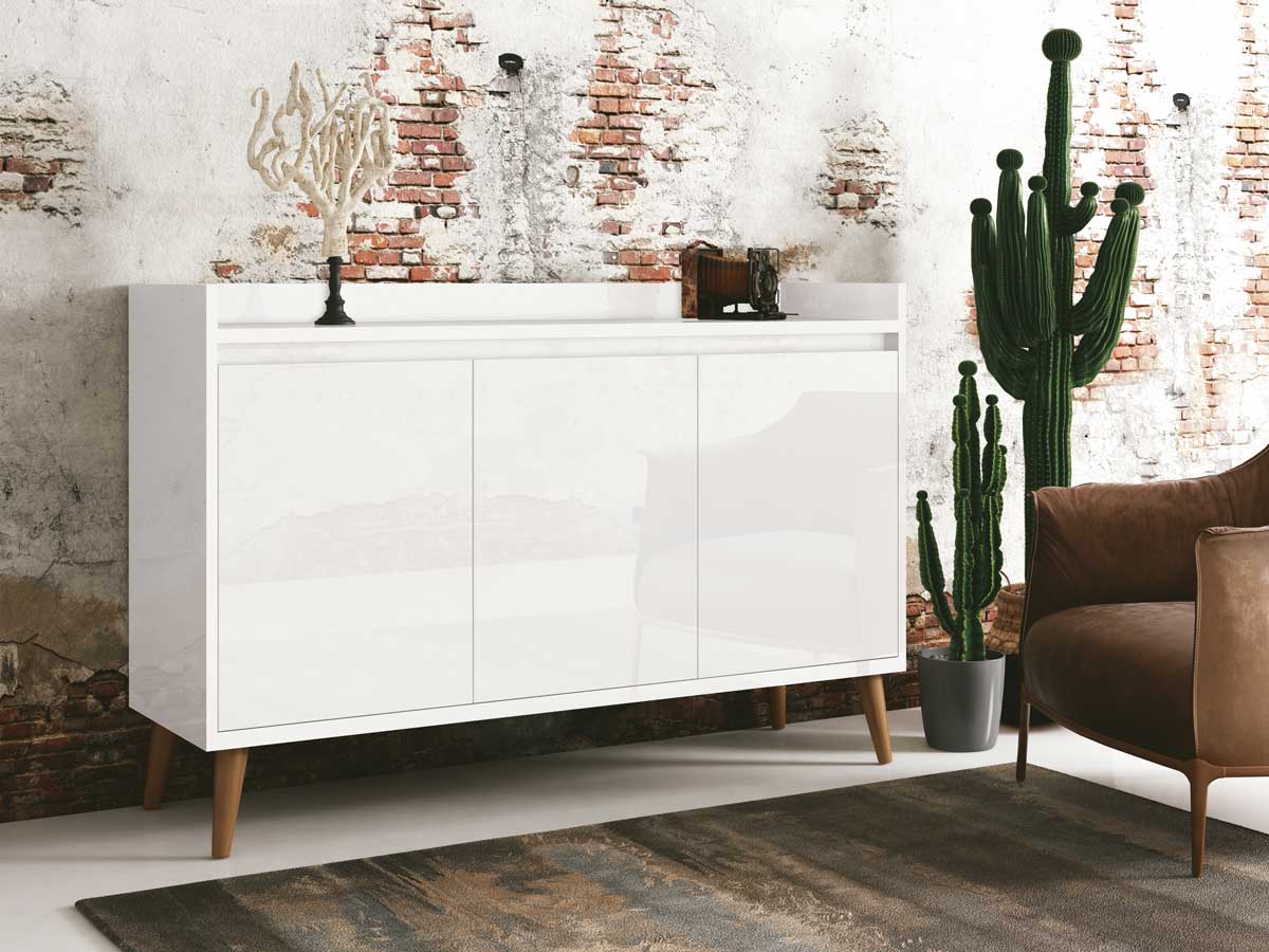 Balcao Buffet Retrô Delta 3 Portas Branco Gloss - MoveisAqui