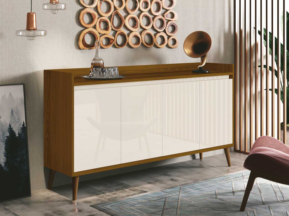 Balcao Buffet Retrô Delta 4 Portas Freijó com Off White - MoveisAqui