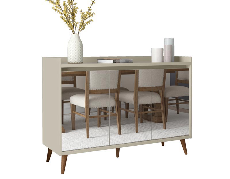 Balcao Buffet Retrô com Espelho Delta 3 Portas Off White - MoveisAqui