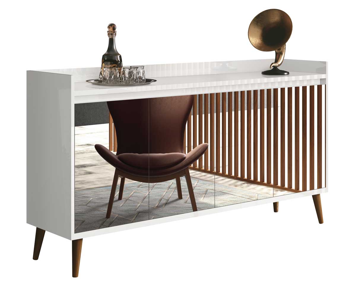 Balcao Buffet Retrô com Espelho Delta 4 Portas Branco Gloss - MoveisAqui