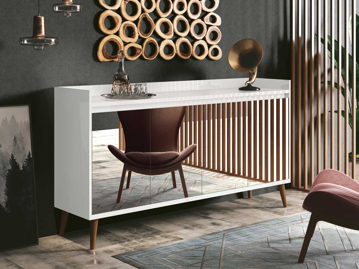 Balcao Buffet Retrô com Espelho Delta 4 Portas Branco Gloss - MoveisAqui