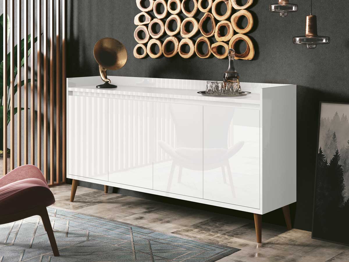 Buffet Aparador Retrô Clássico 4 Portas Branco Gloss - MoveisAqui