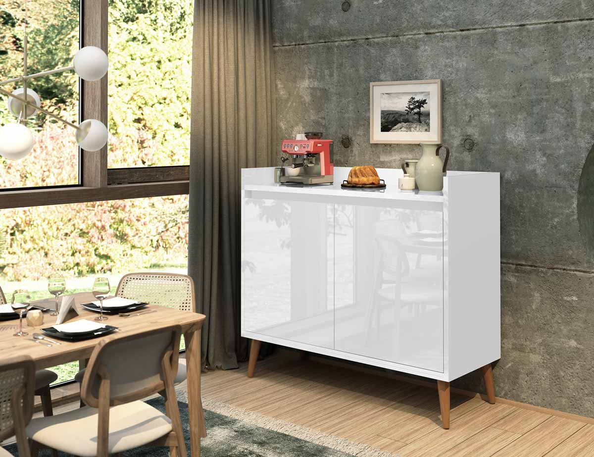 Buffet Aparador Retrô Delux 2 Portas Branco Gloss - MoveisAqui