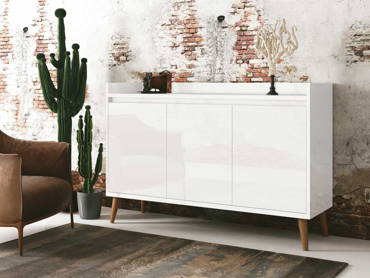 Buffet Aparador Retrô Delux 3 Portas Branco Gloss - MoveisAqui