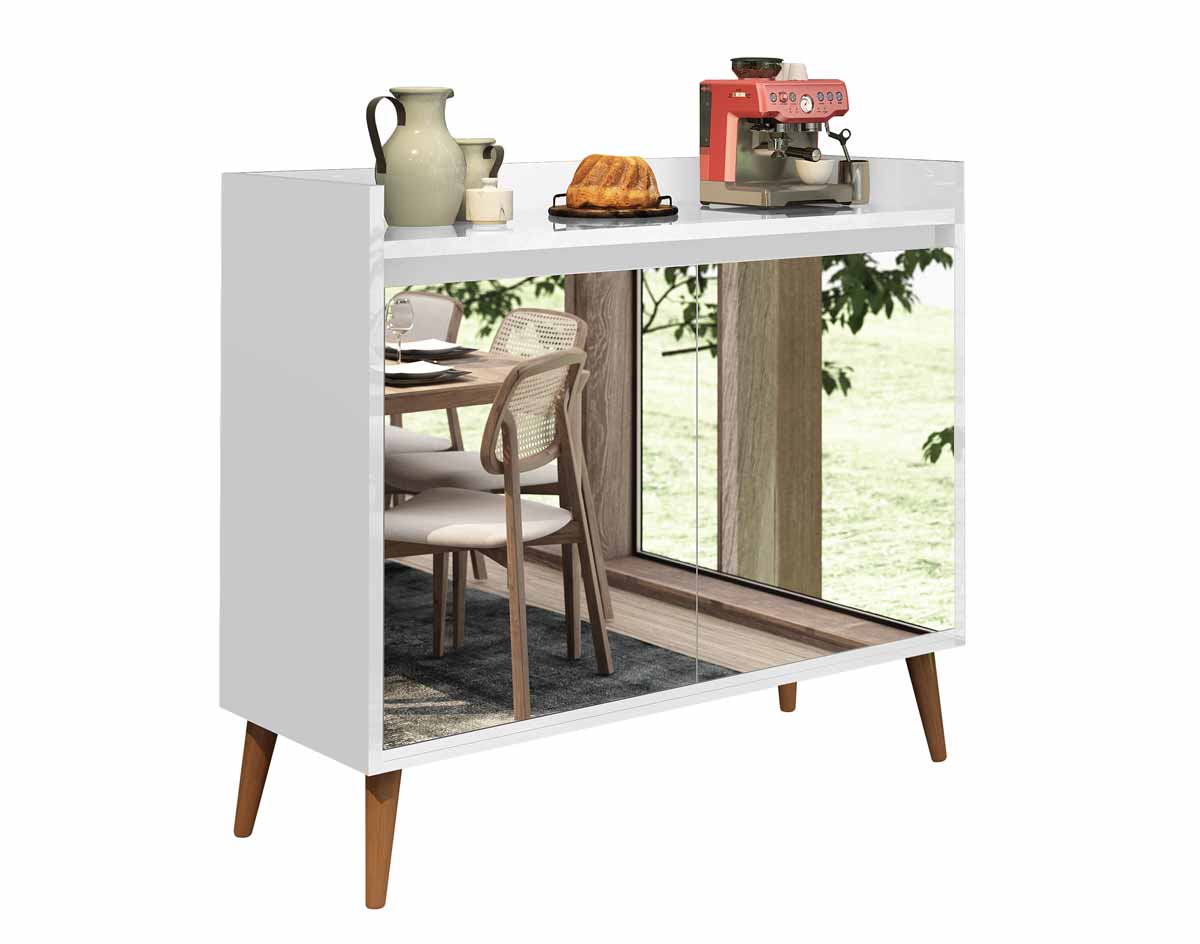 Buffet Aparador Retrô com Espelho Clássico 2 Portas Branco Gloss - MoveisAqui