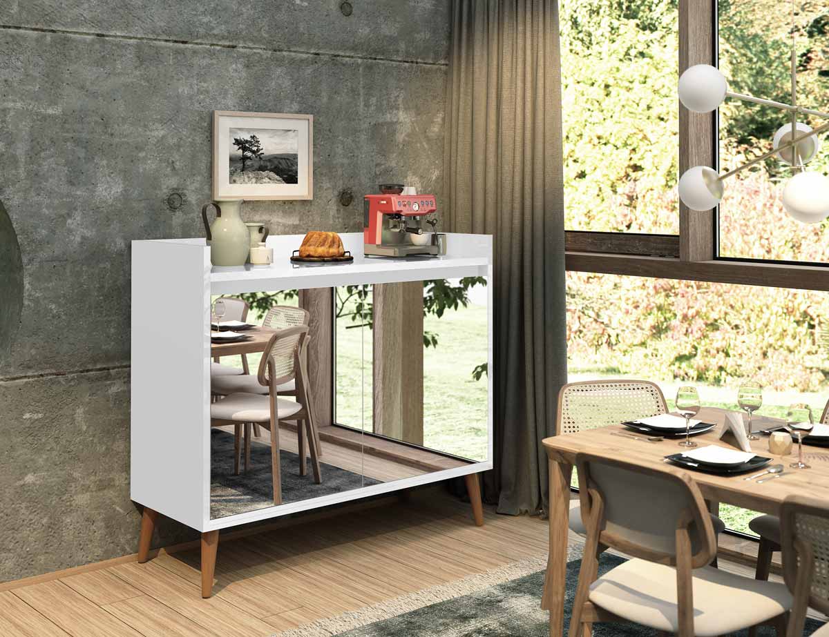 Buffet Aparador Retrô com Espelho Clássico 2 Portas Branco Gloss - MoveisAqui