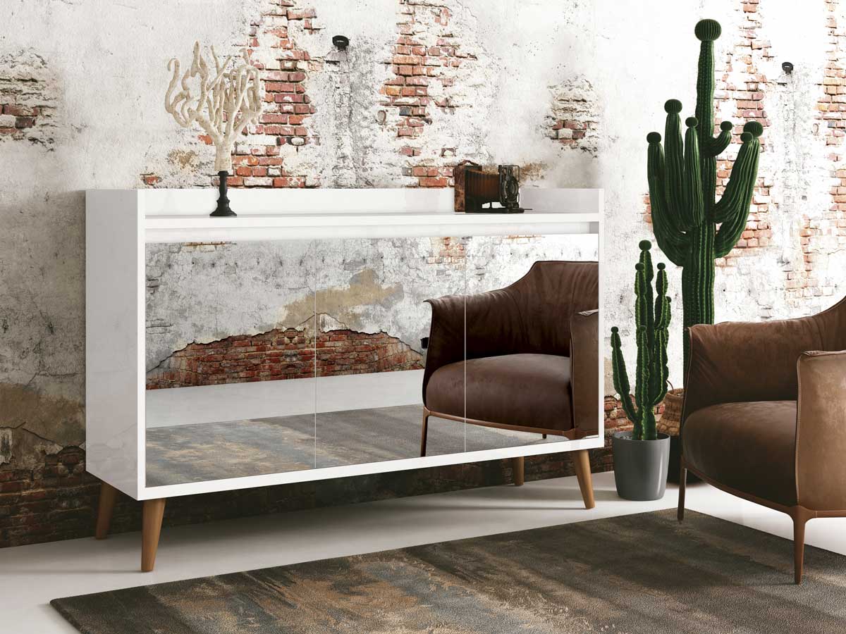 Buffet Aparador Retrô com Espelho Clássico 3 Portas Branco Gloss - MoveisAqui