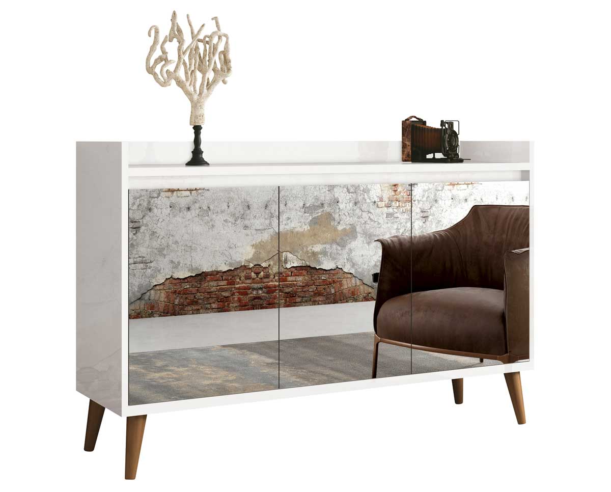 Buffet Aparador Retrô com Espelho Clássico 3 Portas Branco Gloss - MoveisAqui