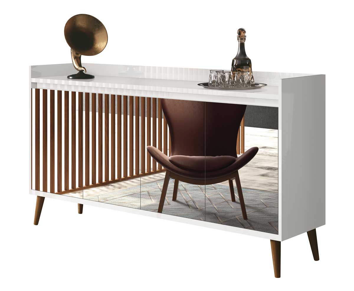 Buffet Aparador Retrô com Espelho Clássico 4 Portas Branco Gloss - MoveisAqui