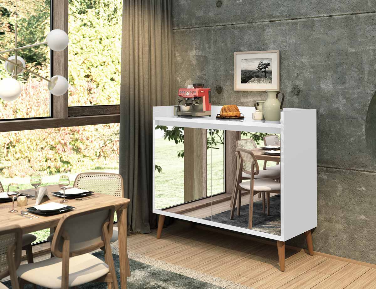 Buffet Aparador Retrô com Espelho Delux 2 Portas Branco Gloss - MoveisAqui