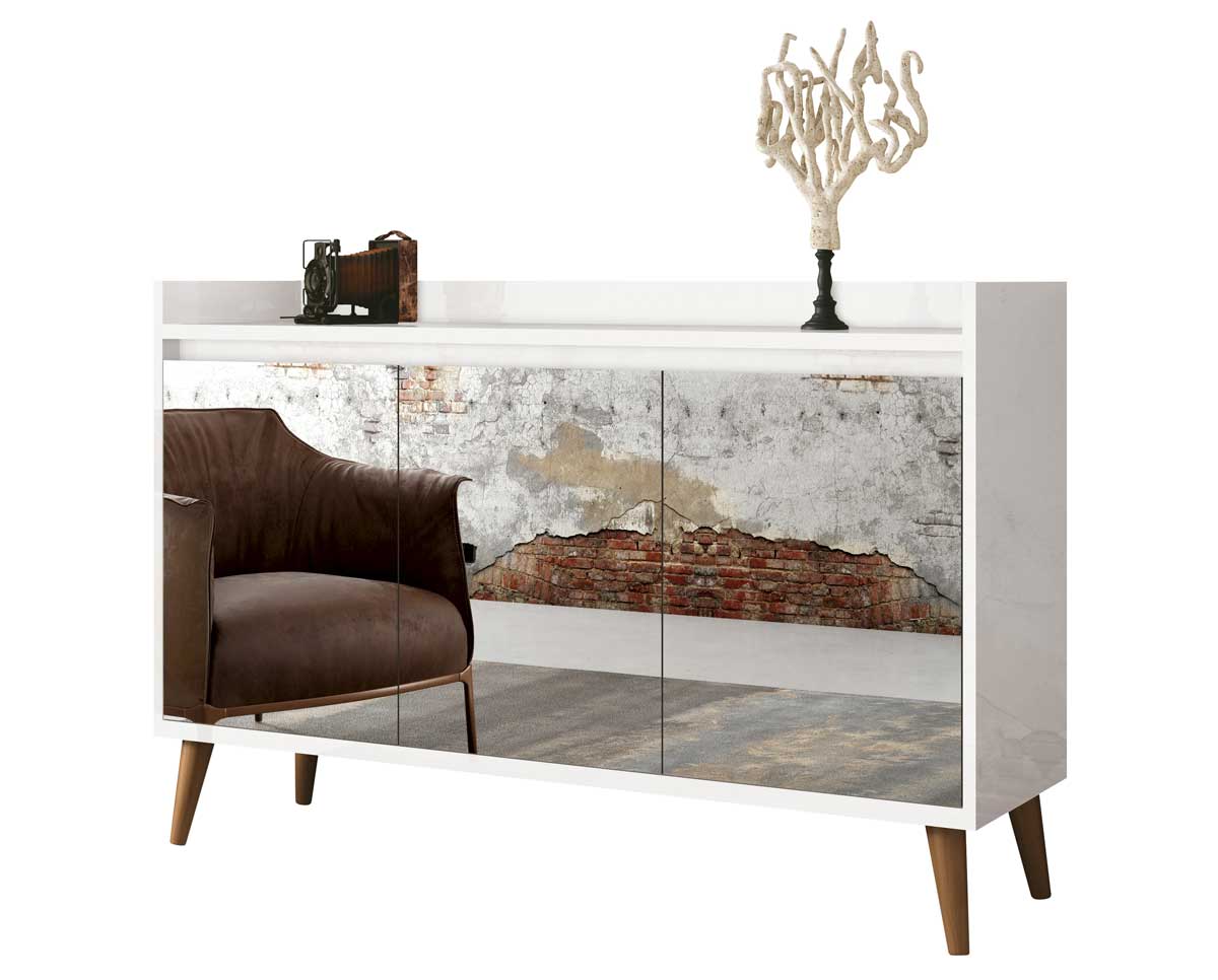 Buffet Aparador Retrô com Espelho Delux 3 Portas Branco Gloss - MoveisAqui