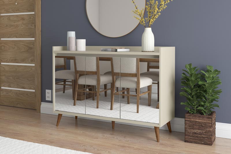 Buffet Aparador Retrô com Espelho Delux 3 Portas Off White - MoveisAqui