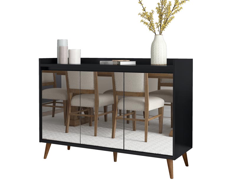 Buffet Aparador Retrô com Espelho Delux 3 Portas Preto - MoveisAqui