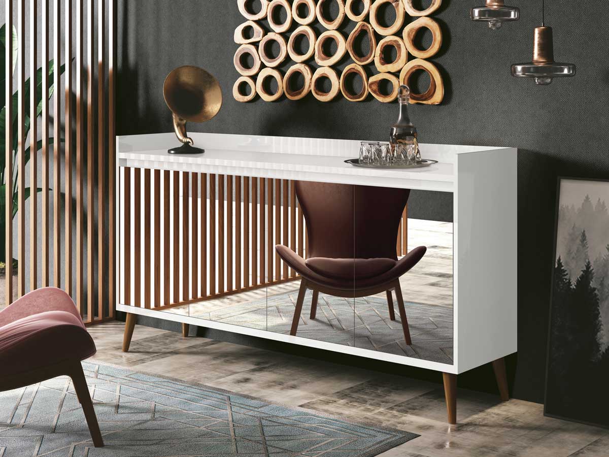 Buffet Aparador Retrô com Espelho Delux 4 Portas Branco Gloss - MoveisAqui