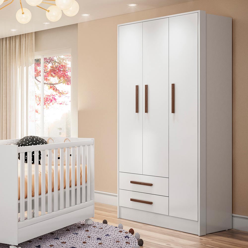 Guarda-Roupa 3 Portas 2 Gavetas Floc Branco - MoveisAqui