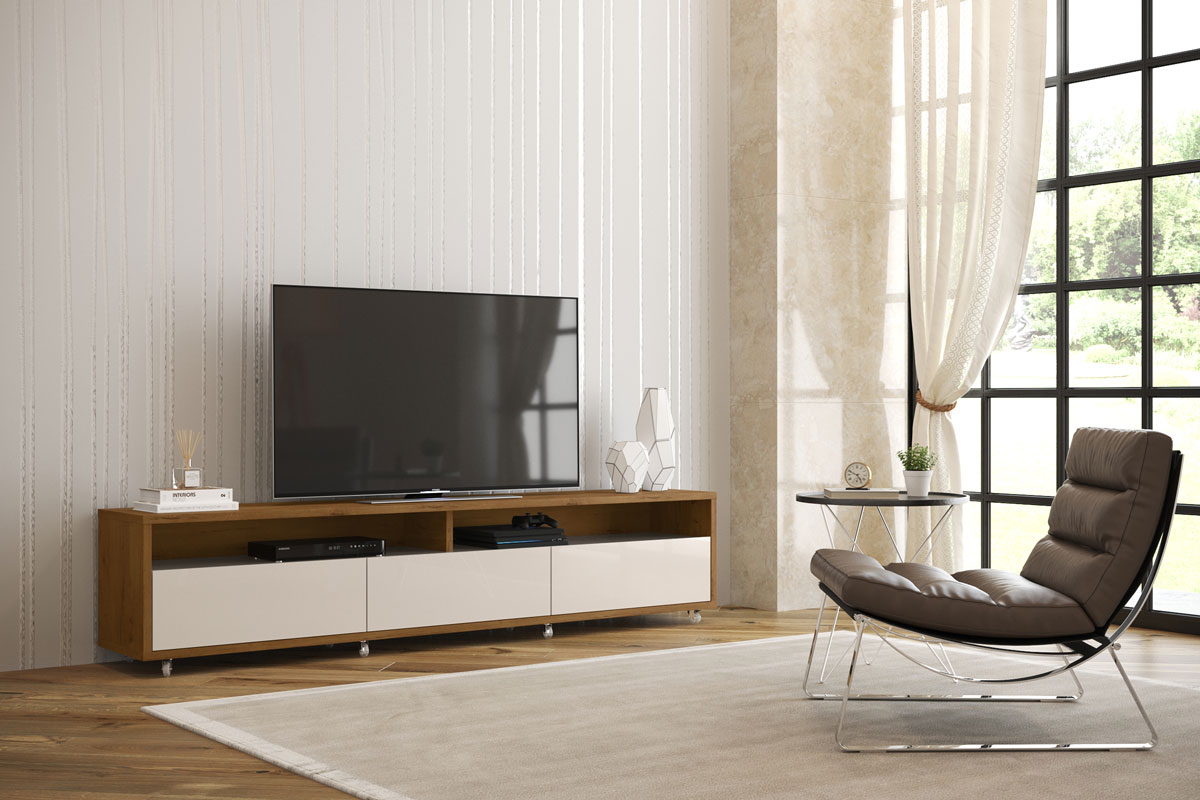 Rack Bancada para TV Aspen 1.8 Madeiro Canela com Off White - MoveisAqui