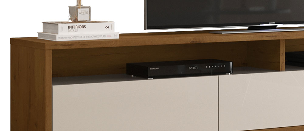 Rack Bancada para TV Aspen 1.8 Madeiro Canela com Off White - MoveisAqui