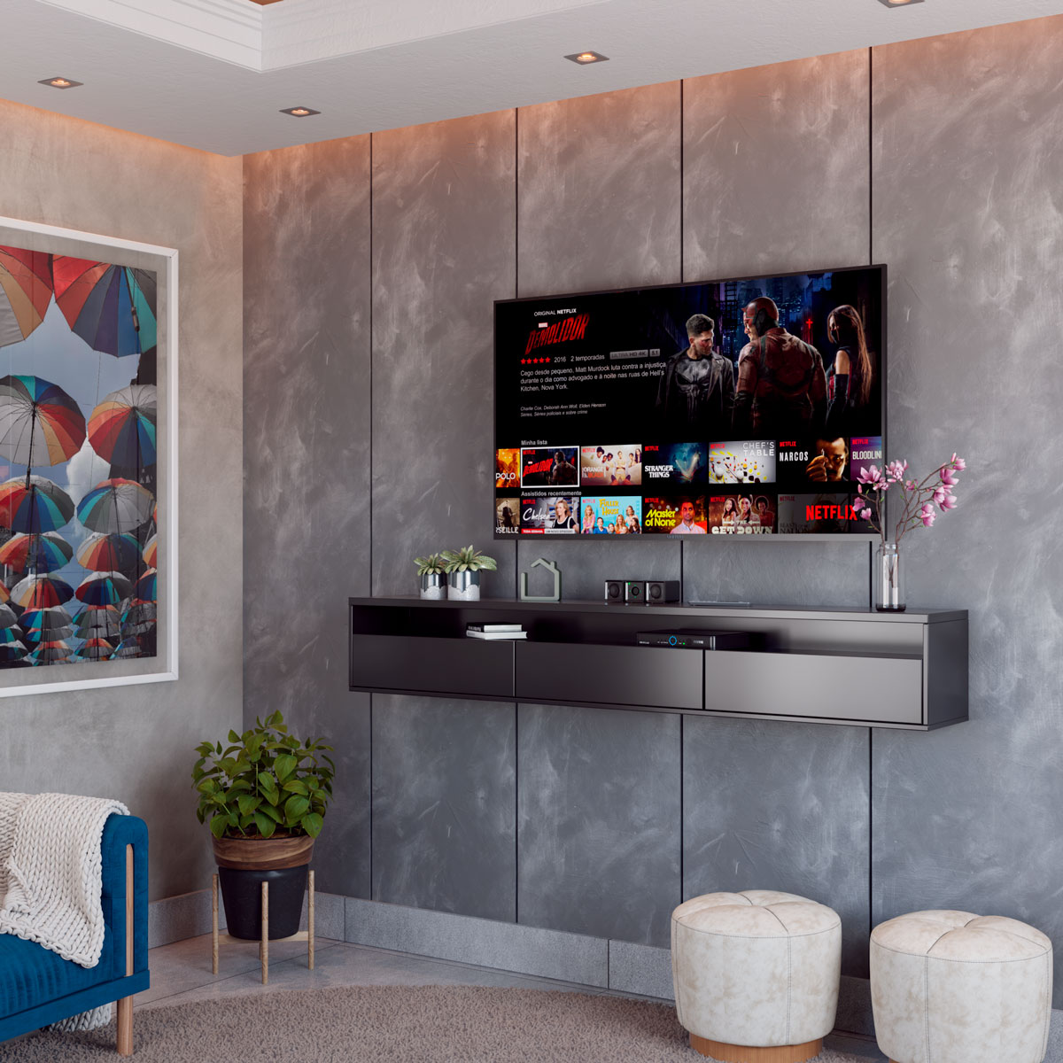 Rack Suspenso para TV Life 1.36 Preto Acetinado - MóveisAqui
