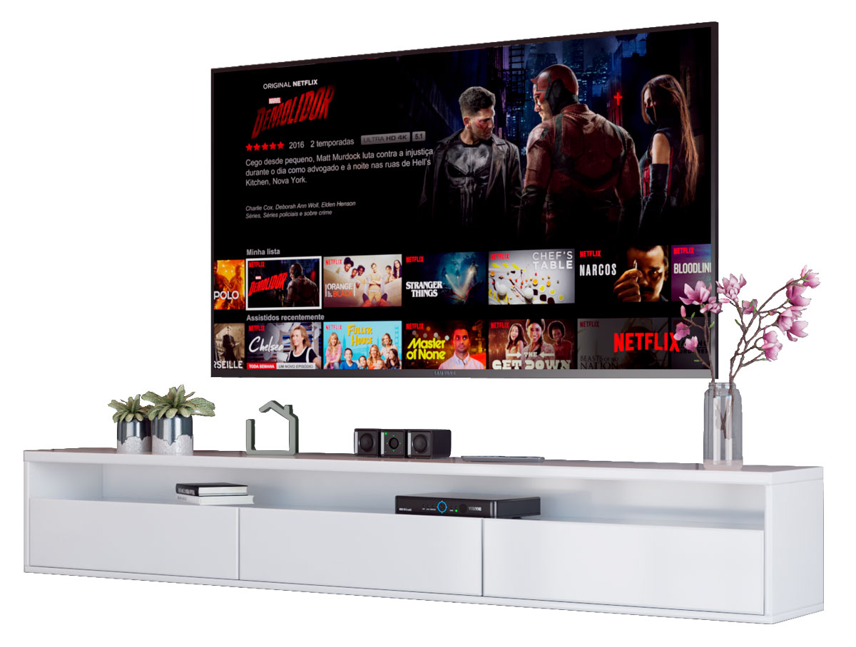 Rack Suspenso para TV Life 1.8 Branco Acetinado - MóveisAqui