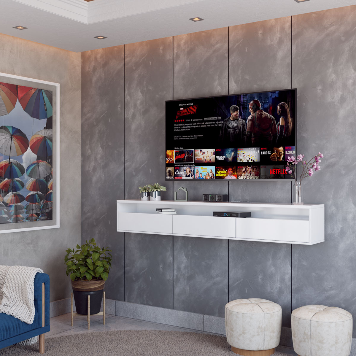 Rack Suspenso para TV Life 1.8 Branco Acetinado - MóveisAqui