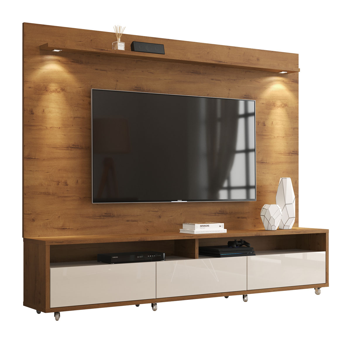 Rack com Painel Aspen 1.8 Madeiro Canela com Off White - MoveisAqui