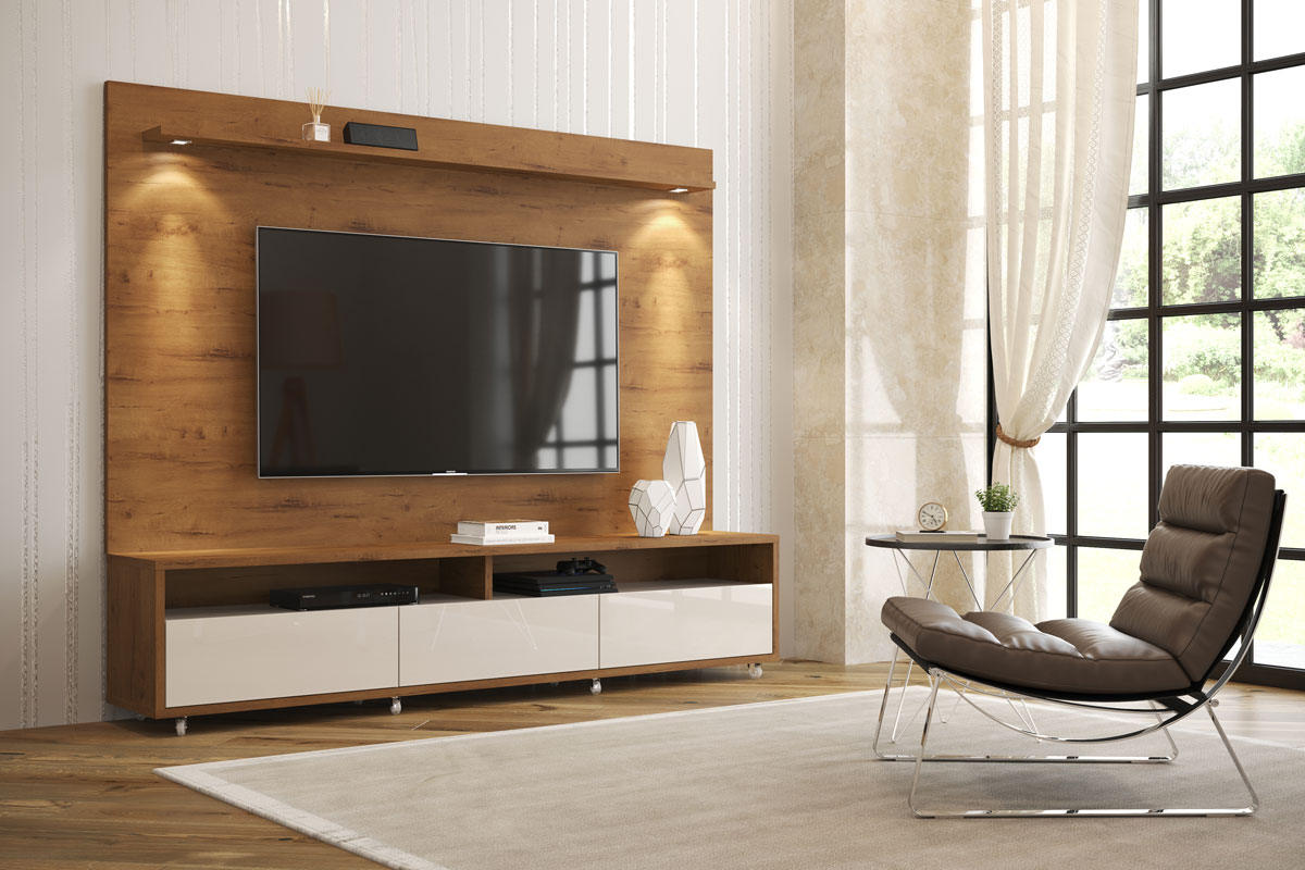 Rack com Painel Aspen 1.8 Madeiro Canela com Off White - MoveisAqui