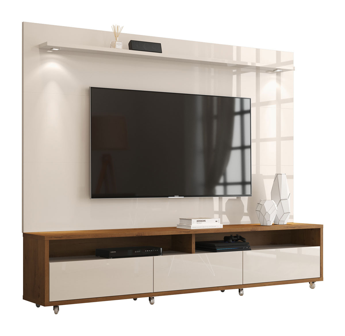 Rack com Painel Aspen 1.8 Off White com Madeiro Canela - MoveisAqui