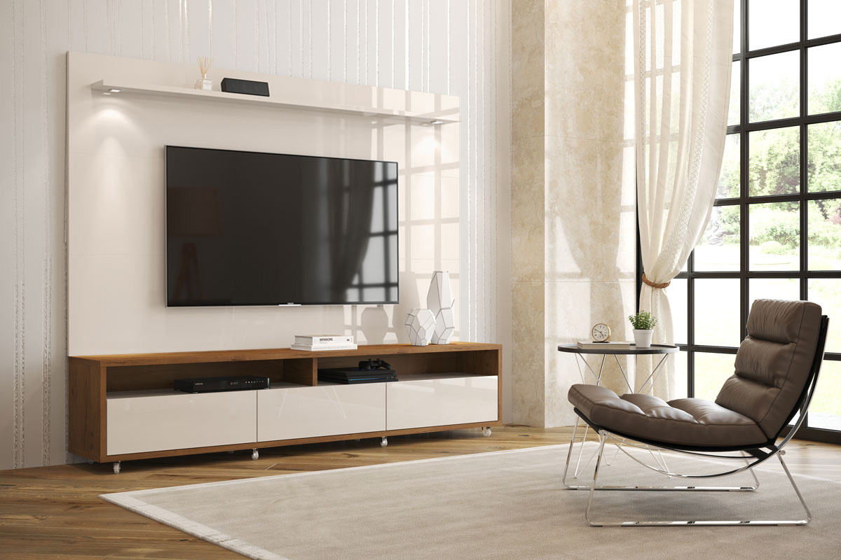 Rack com Painel Aspen 1.8 Off White com Madeiro Canela - MoveisAqui