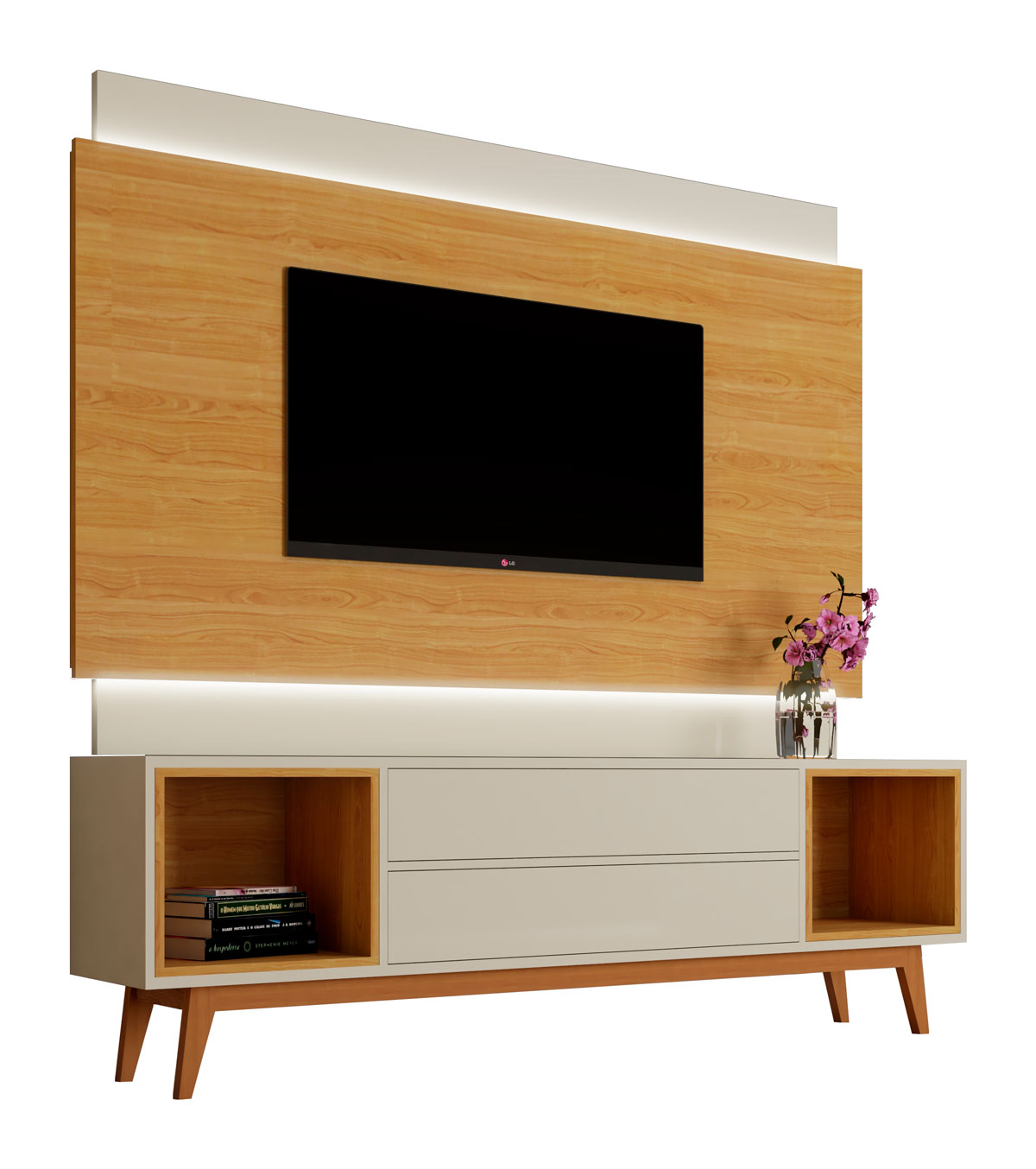 Rack com Painel Delux 1.8 com LED Off White com Nature - MoveisAqui