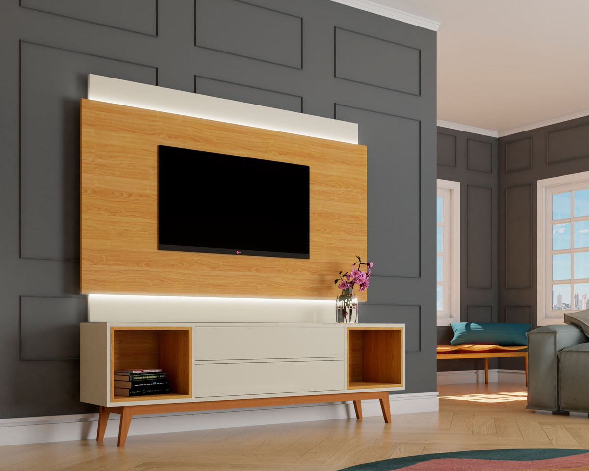 Rack com Painel Delux 1.8 com LED Off White com Nature - MoveisAqui