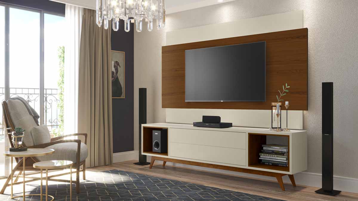 Rack com Painel Horizon 1.8 Off White com Natural - MoveisAqui