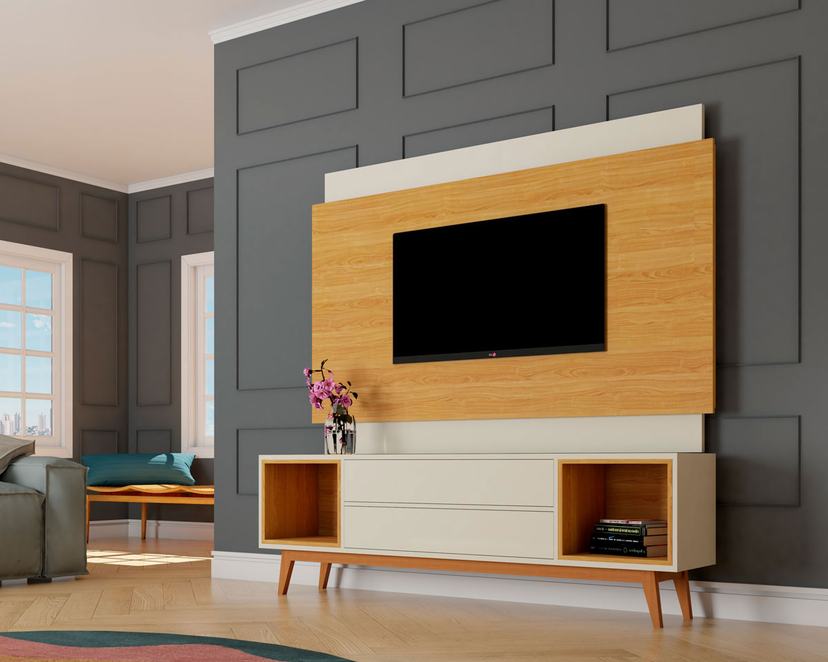 Rack com Painel Horizon 1.8 Off White com Nature - MoveisAqui