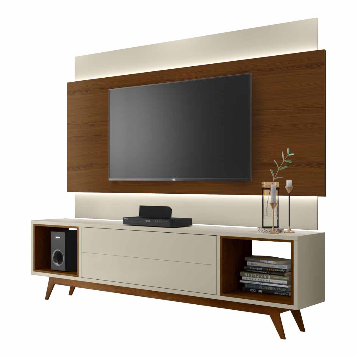 Rack com Painel Horizon 1.8 com LED Off White com Natural - MoveisAqui