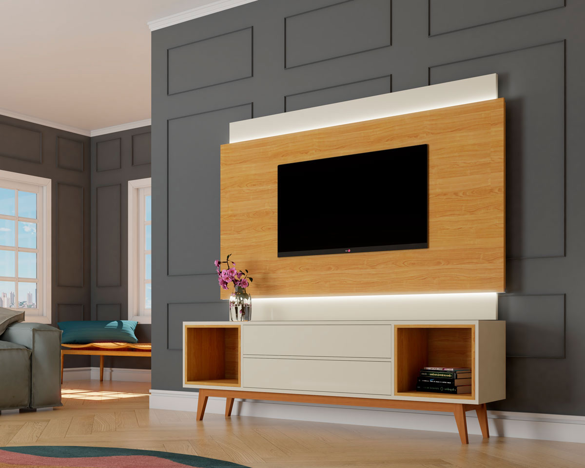 Rack com Painel Horizon 1.8 com LED Off White com Nature - MoveisAqui