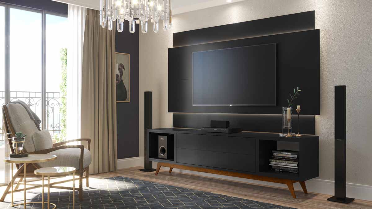 Rack com Painel Horizon 1.8 com LED Preto - MoveisAqui