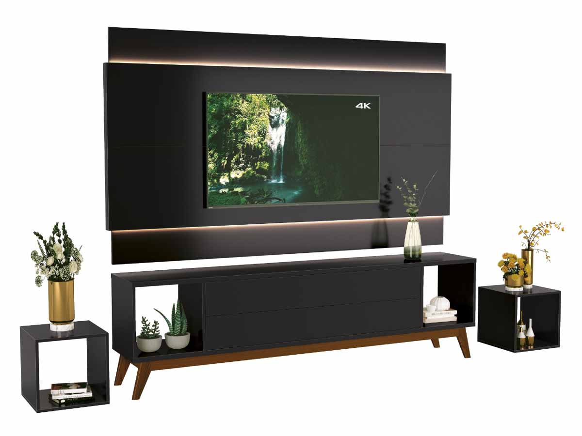 Rack com Painel Horizon 1.8 com LED Preto - MoveisAqui