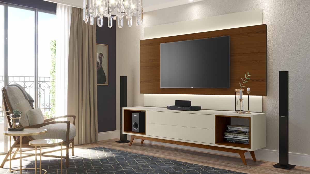 Rack com Painel Horizon 2.2 com LED Off White com Natural - MoveisAqui