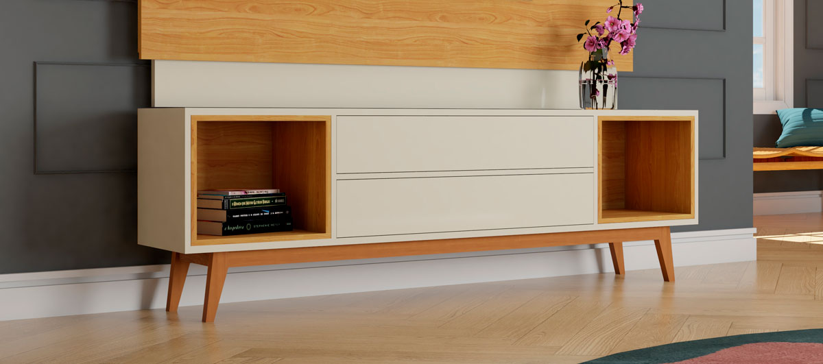 Rack para TV Delux 1.8 Off White com Nature - MoveisAqui