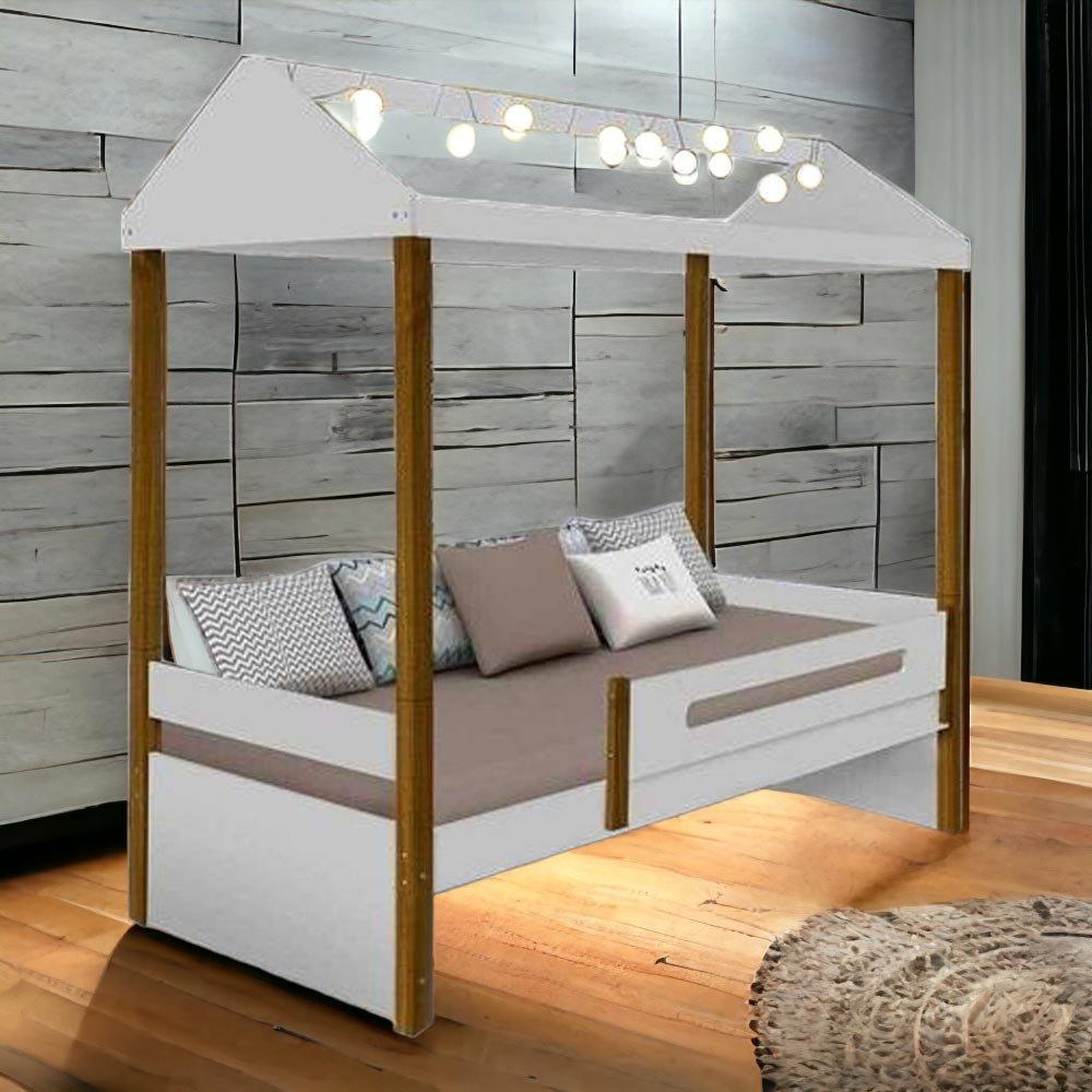 Cama Casa Solteiro Lara Branca Com Led