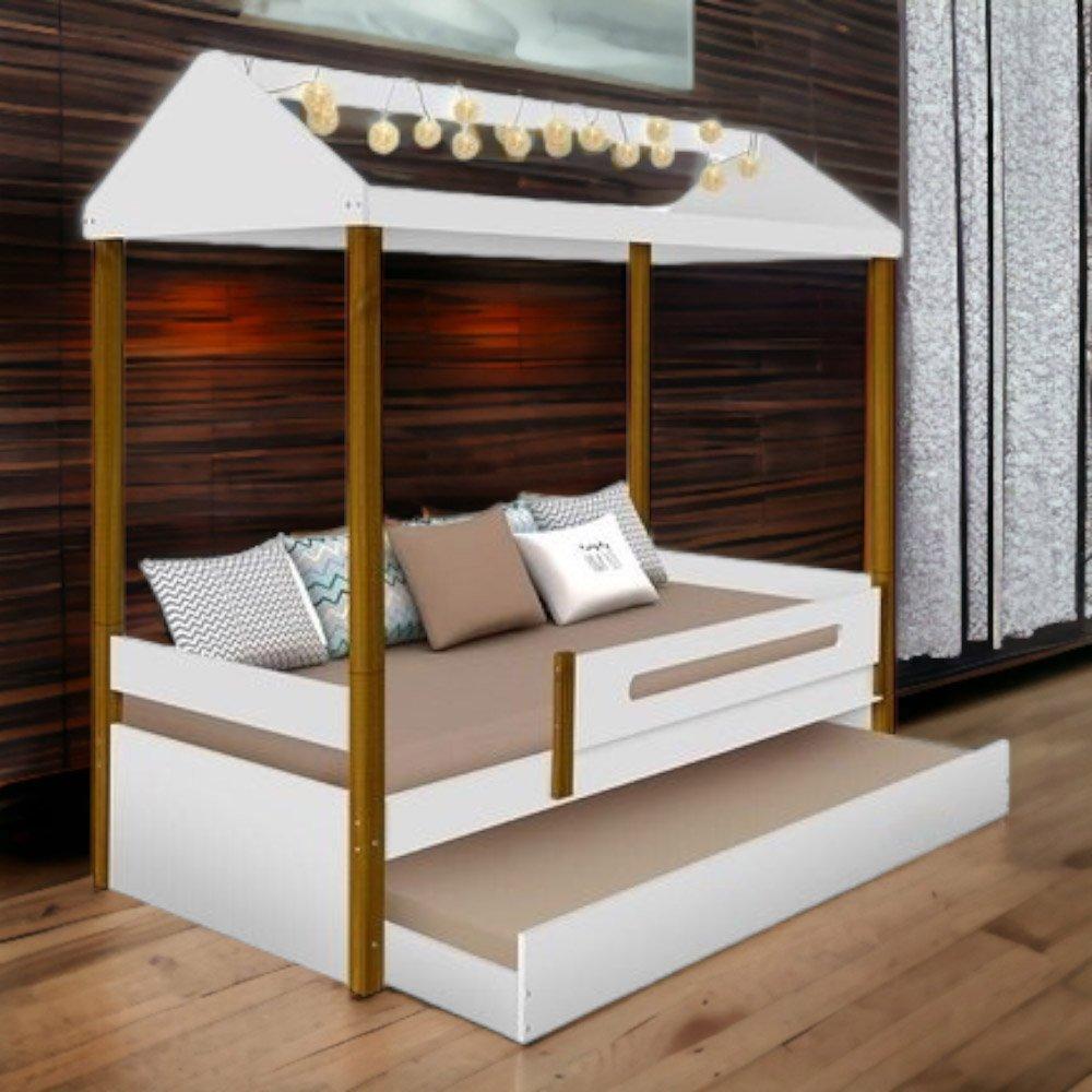 Cama Casa Solteiro Lara Branca com Aux, LED e 02 Colchões
