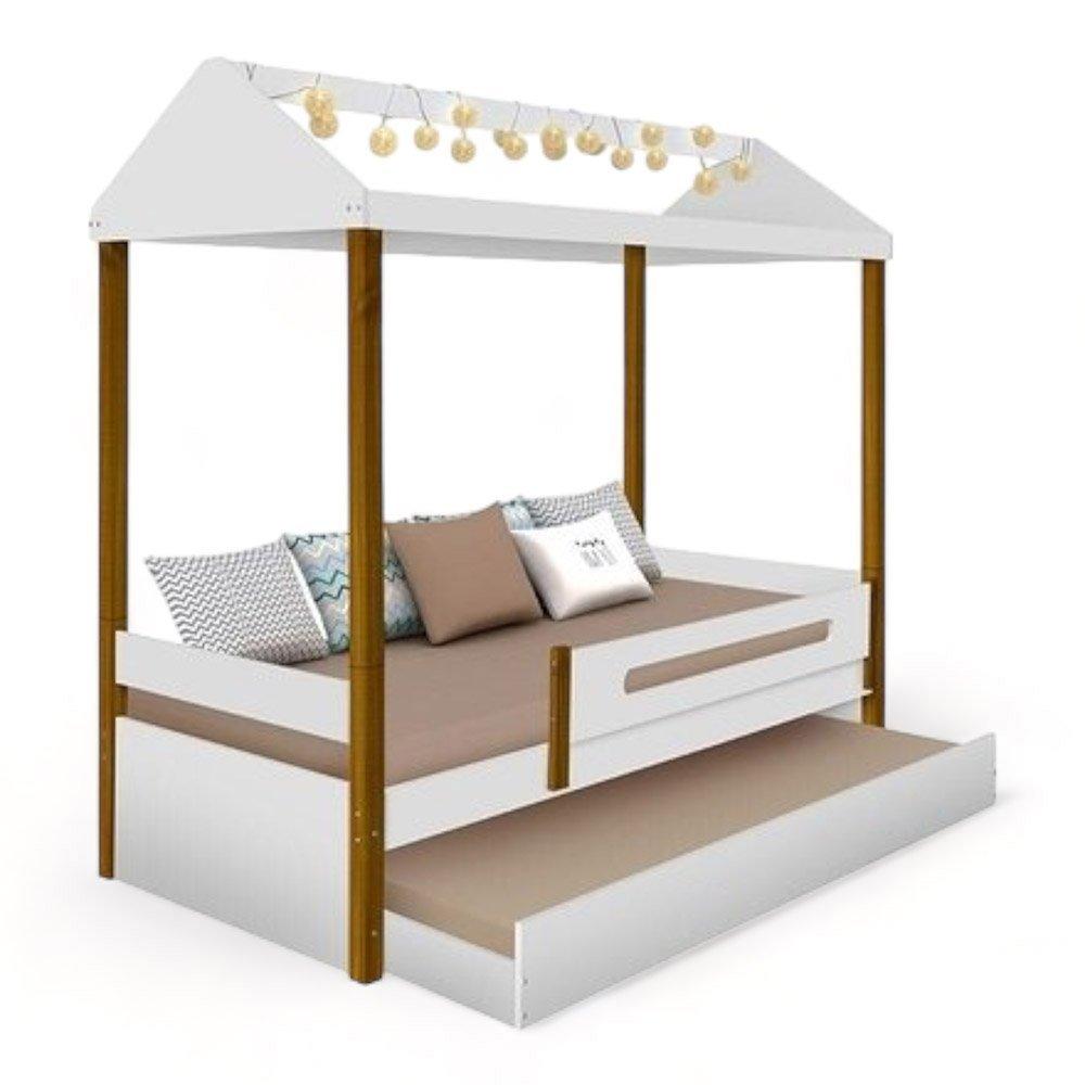 Cama Casa Solteiro Lara Branca com Aux, LED e 02 Colchões