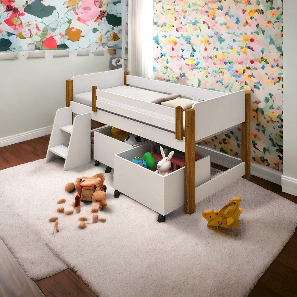 Cama Paty Branco/Mel c/ 2 Nichos e Escadinha