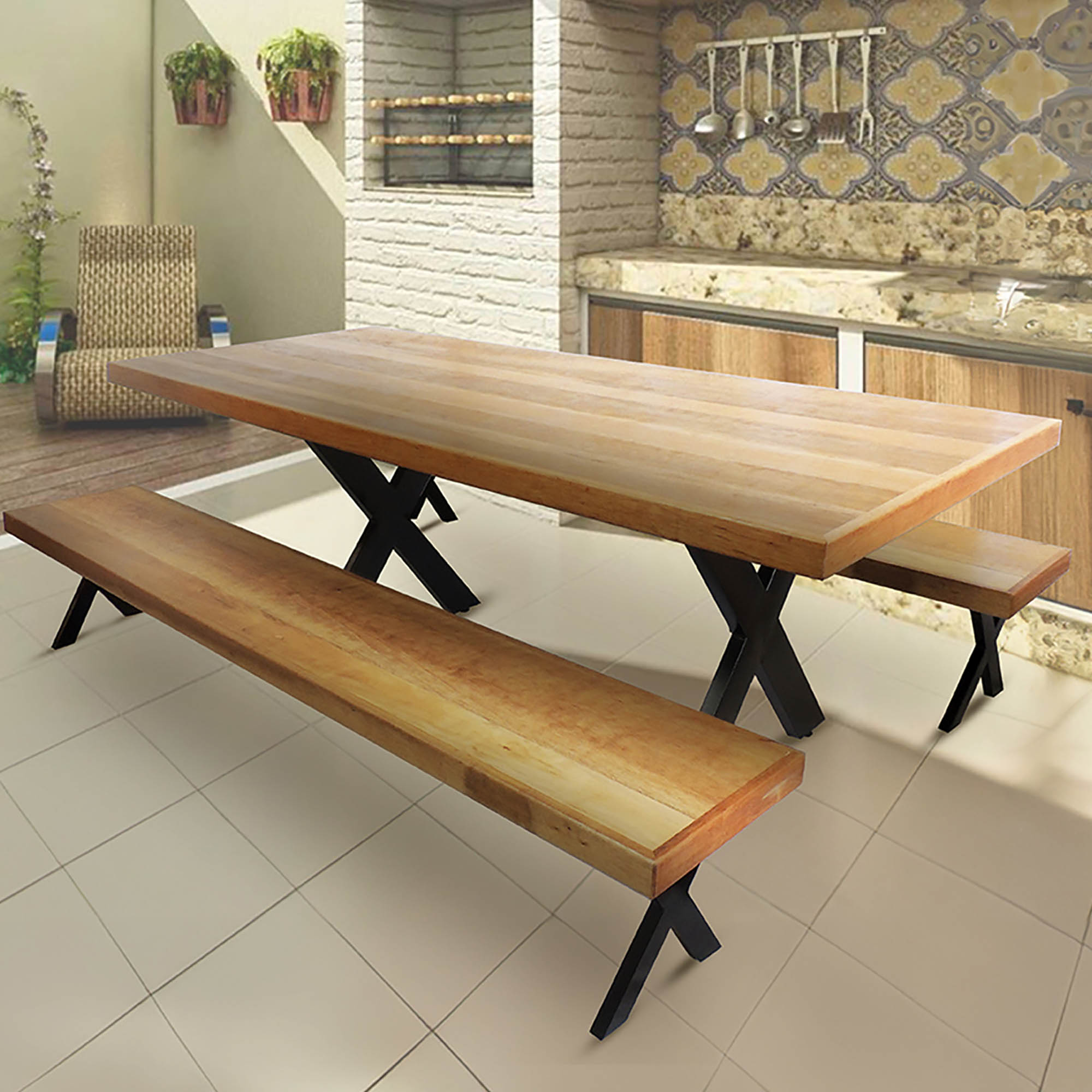Jogo Mesa E 2 Bancos Industrial Texas 1,60m Ferragem Preta