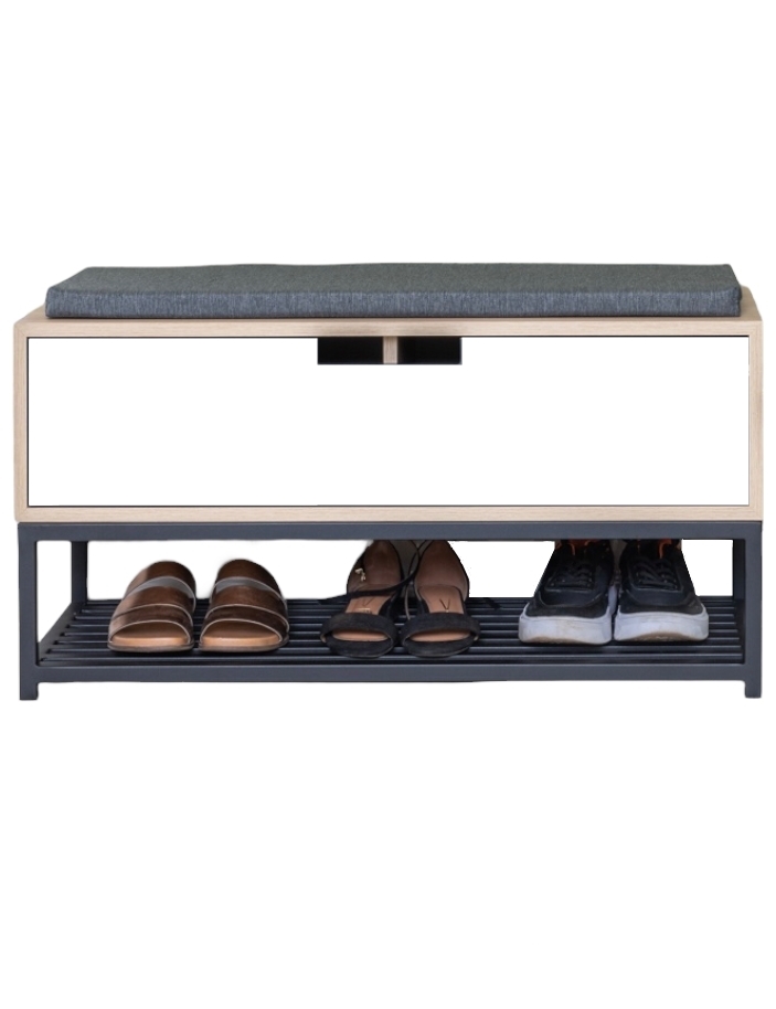 Banco sapateira com porta estilo industrial Comfy Carvalho com branco 84cm