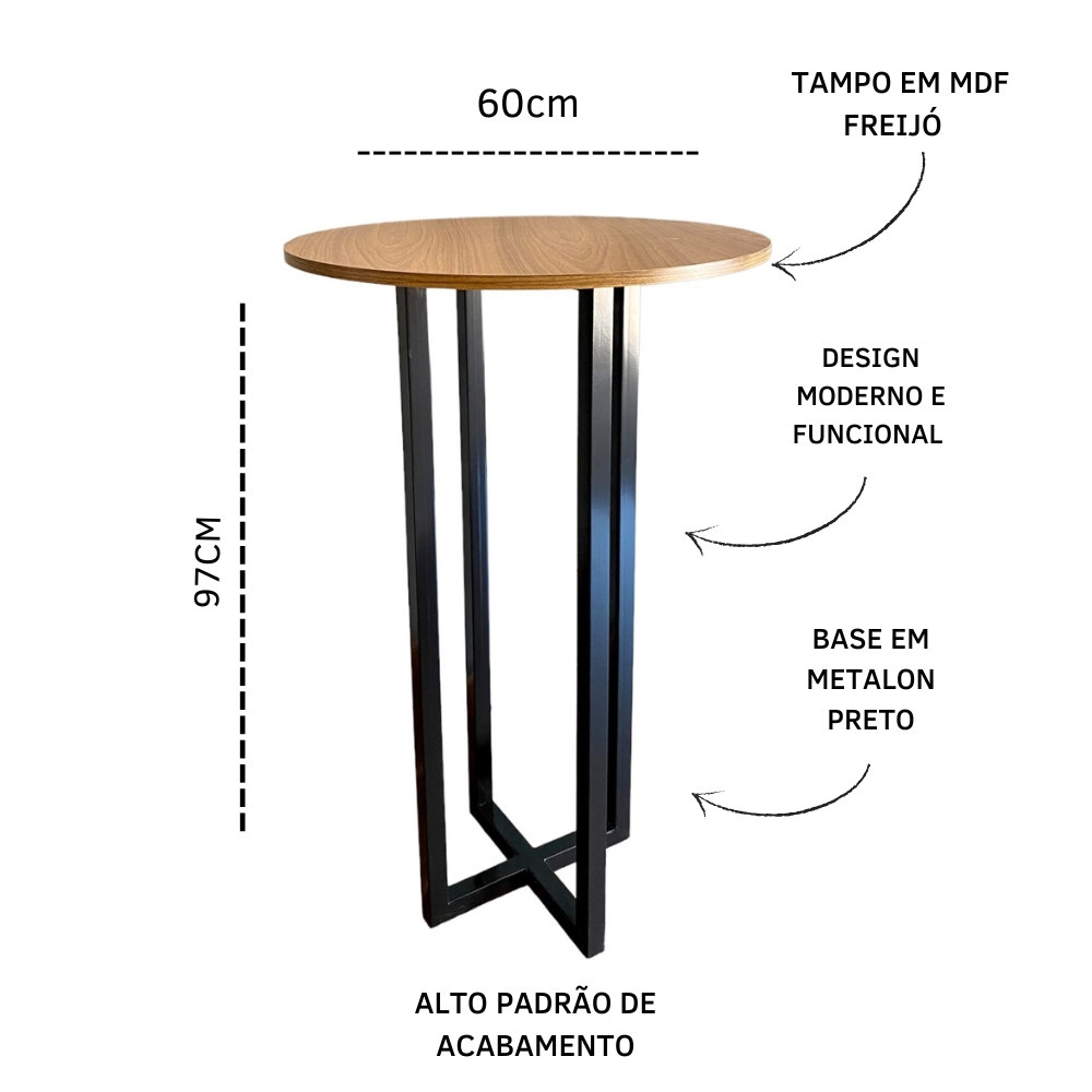 Mesa Bistrô alta redonda gourmet Miró 60cm freijó moderna estilo industrial